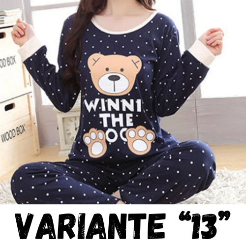 Autumn Thin 2pieces Pyjamas Set Women 2024 Cotton Round Neck Girls Bear Pajamas Sets Teacup Cat Full Sleepwear Tops Pajama Mujer