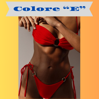 Rinabe Halter Swimwear Thongs Micro Bikini Pleated Swimsuit Bandage Bathing Suit Women Sexy Bikini Cut Out Beachwear Ring Bikini
