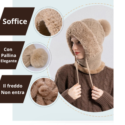 Women Winter Velvet Knitted Woolen Balaclava Hat Ear Protection fluffy Hat Mask Neck Integrated Warmth Cover Hat lady hooded cap