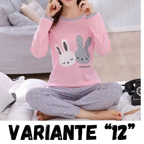 Autumn Thin 2pieces Pyjamas Set Women 2024 Cotton Round Neck Girls Bear Pajamas Sets Teacup Cat Full Sleepwear Tops Pajama Mujer