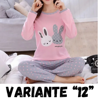Autumn Thin 2pieces Pyjamas Set Women 2024 Cotton Round Neck Girls Bear Pajamas Sets Teacup Cat Full Sleepwear Tops Pajama Mujer
