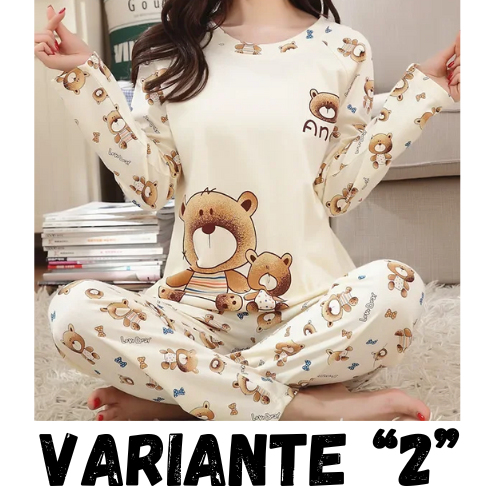Autumn Thin 2pieces Pyjamas Set Women 2024 Cotton Round Neck Girls Bear Pajamas Sets Teacup Cat Full Sleepwear Tops Pajama Mujer